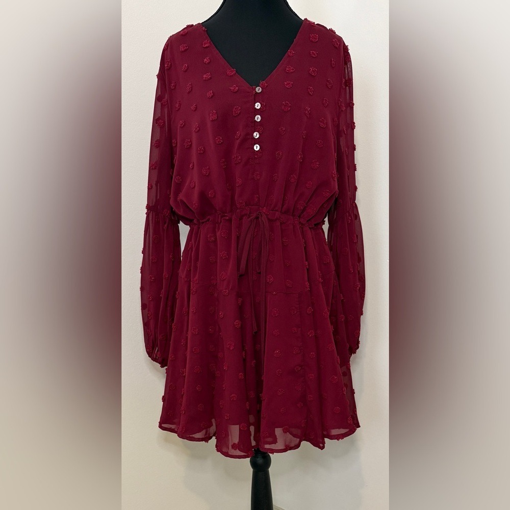 Entro Burgundy Swiss Dot Mini Dress V-Neck Bishop Sleeve Wine Red Boho Large